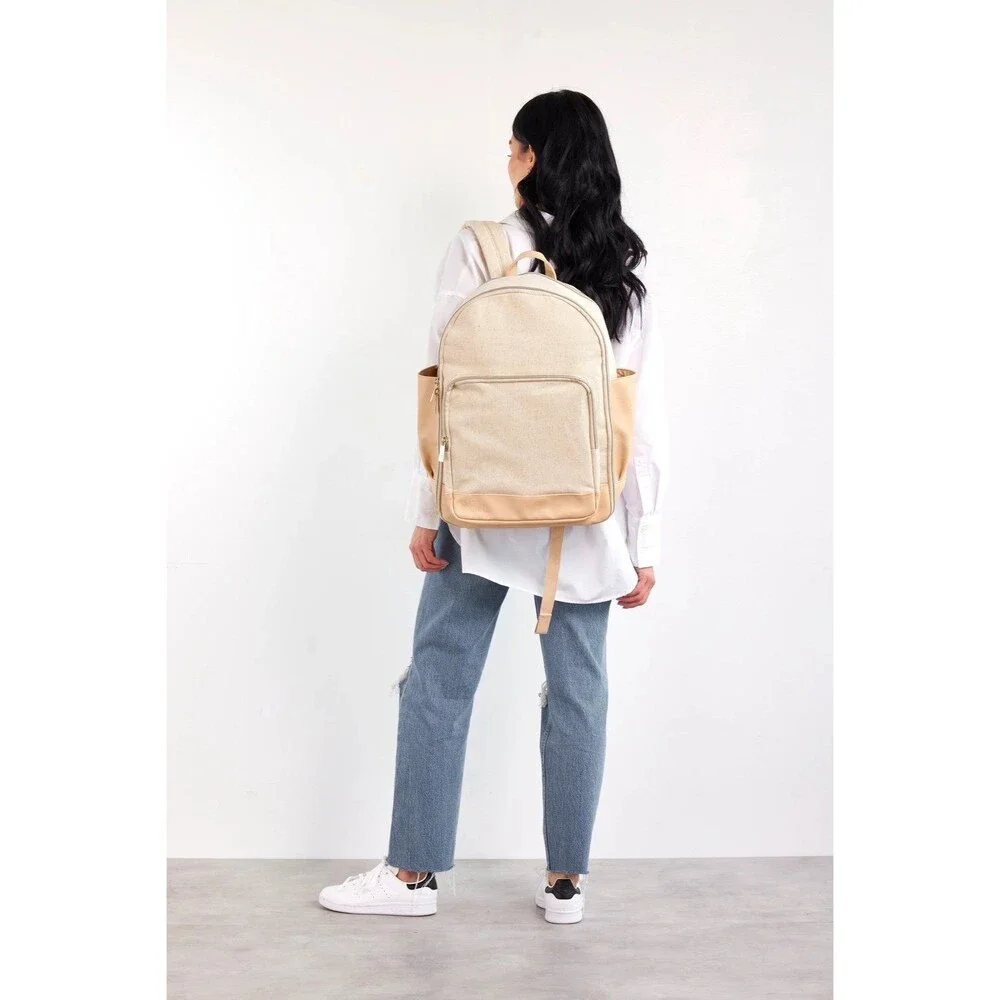 BEIS 'The Backpack' Carry on travel backpack in beige canvas and leather